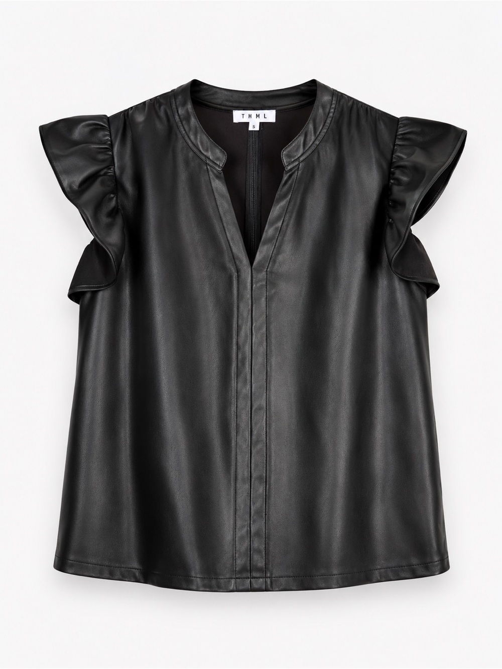 THML Black Faux Leather Flutter Sleeve Top Vegan Leather Blouse Large - Picture 3 of 6